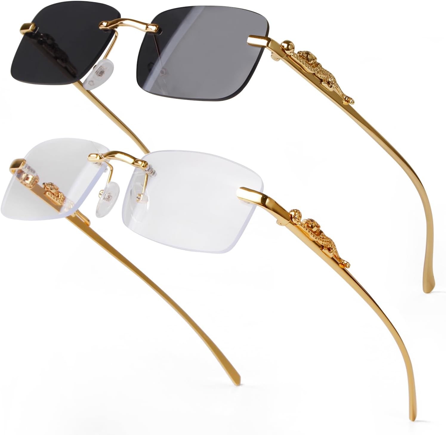 

Винтажные прямоугольные солнцезащитные очки без оправы для женщин и мужчин, модные квадратные солнцезащитные очки без оправы из золотистого металла, прозрачные очки piscm, 2 Pack (Grey+clear)