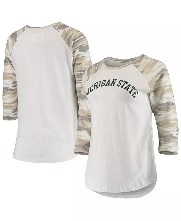 

Женская бело-камуфляжная футболка Michigan State Spartans Boyfriend Baseball Raglan с рукавами 3/4 Camp David