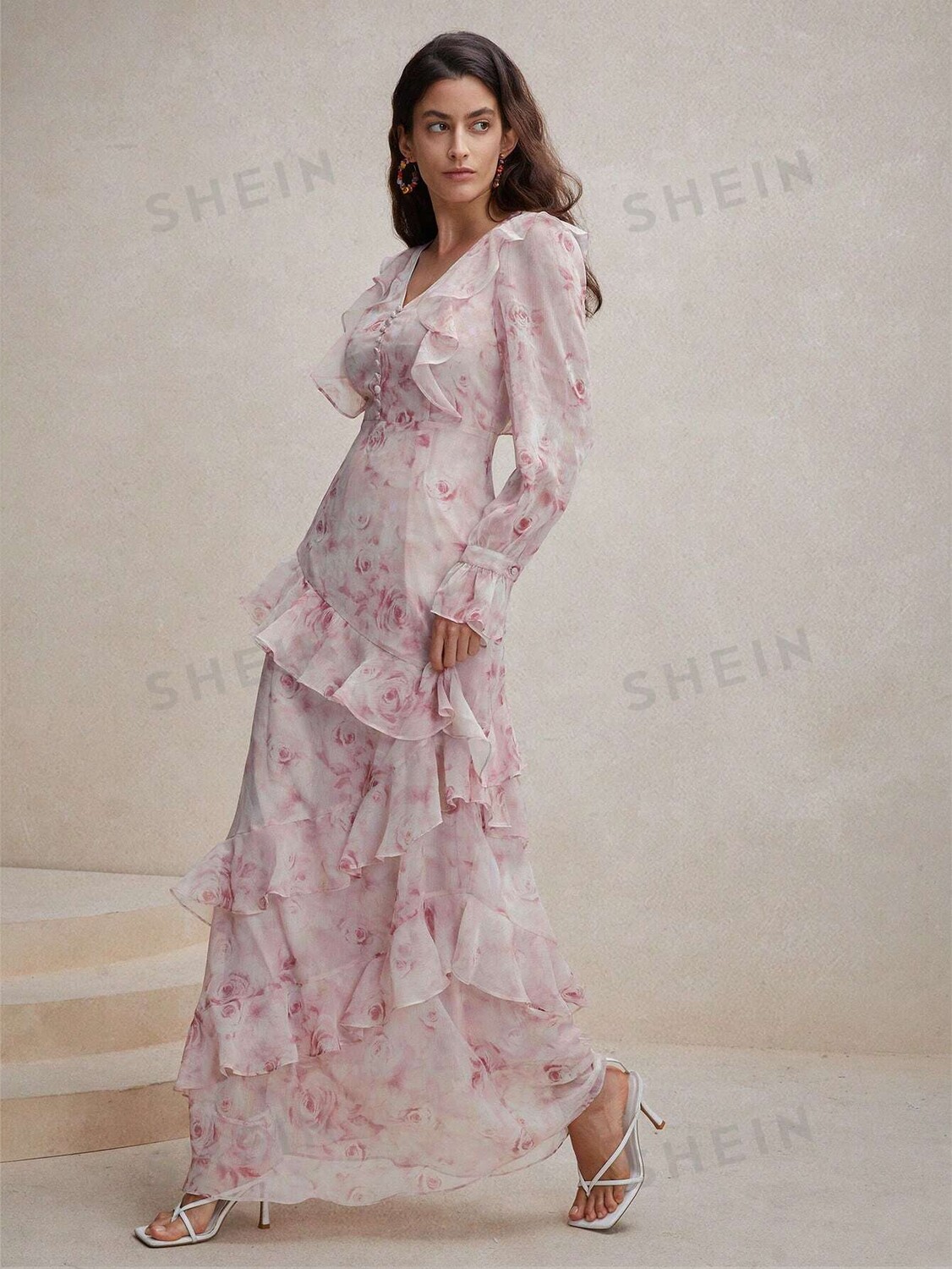 

Женское праздничное модное платье с цветочным принтом и v-образным вырезом с оборками Anewsta, розовый