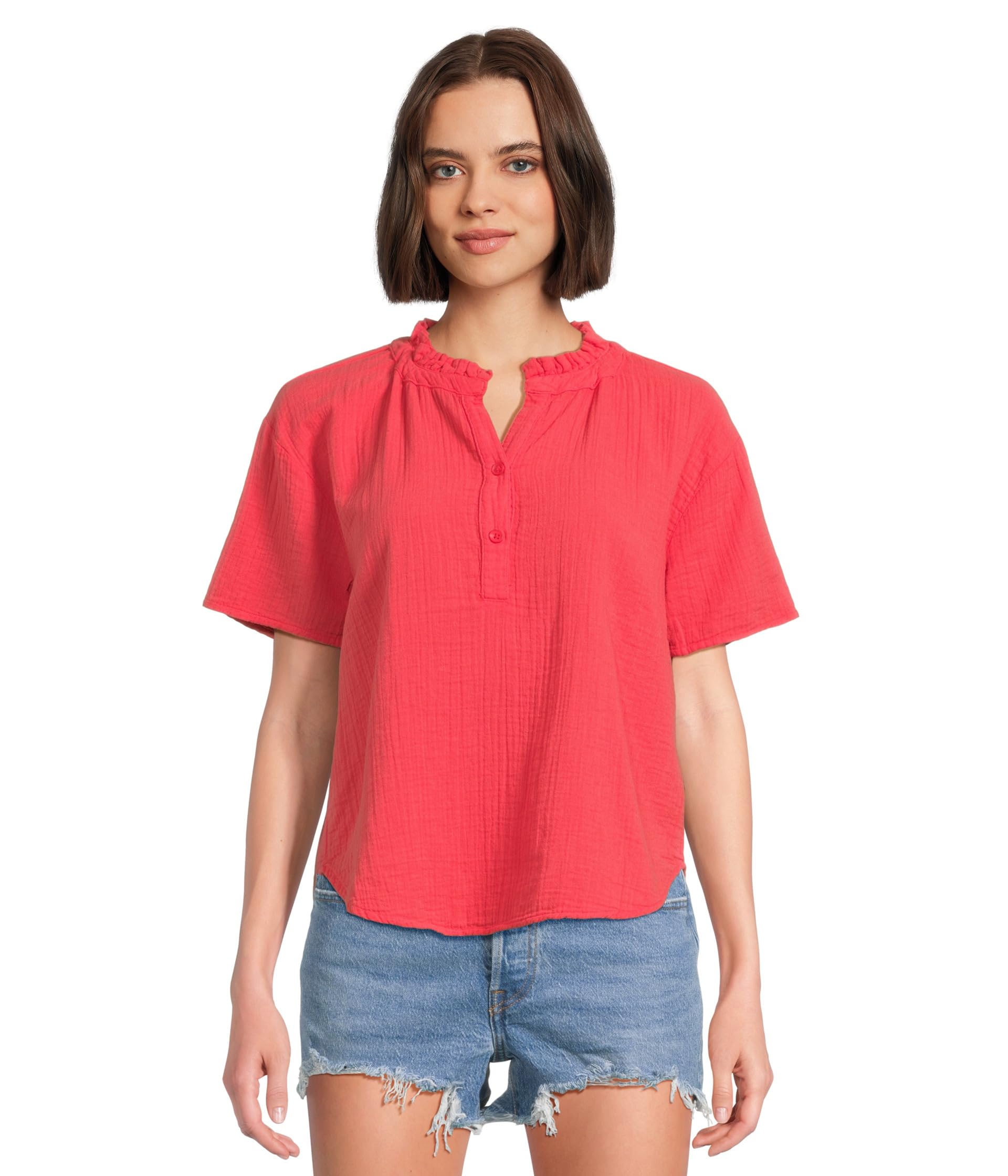 

Топ Mod-o-doc Short Sleeve Ruffle Neck Henley Top, Glazed Cherry