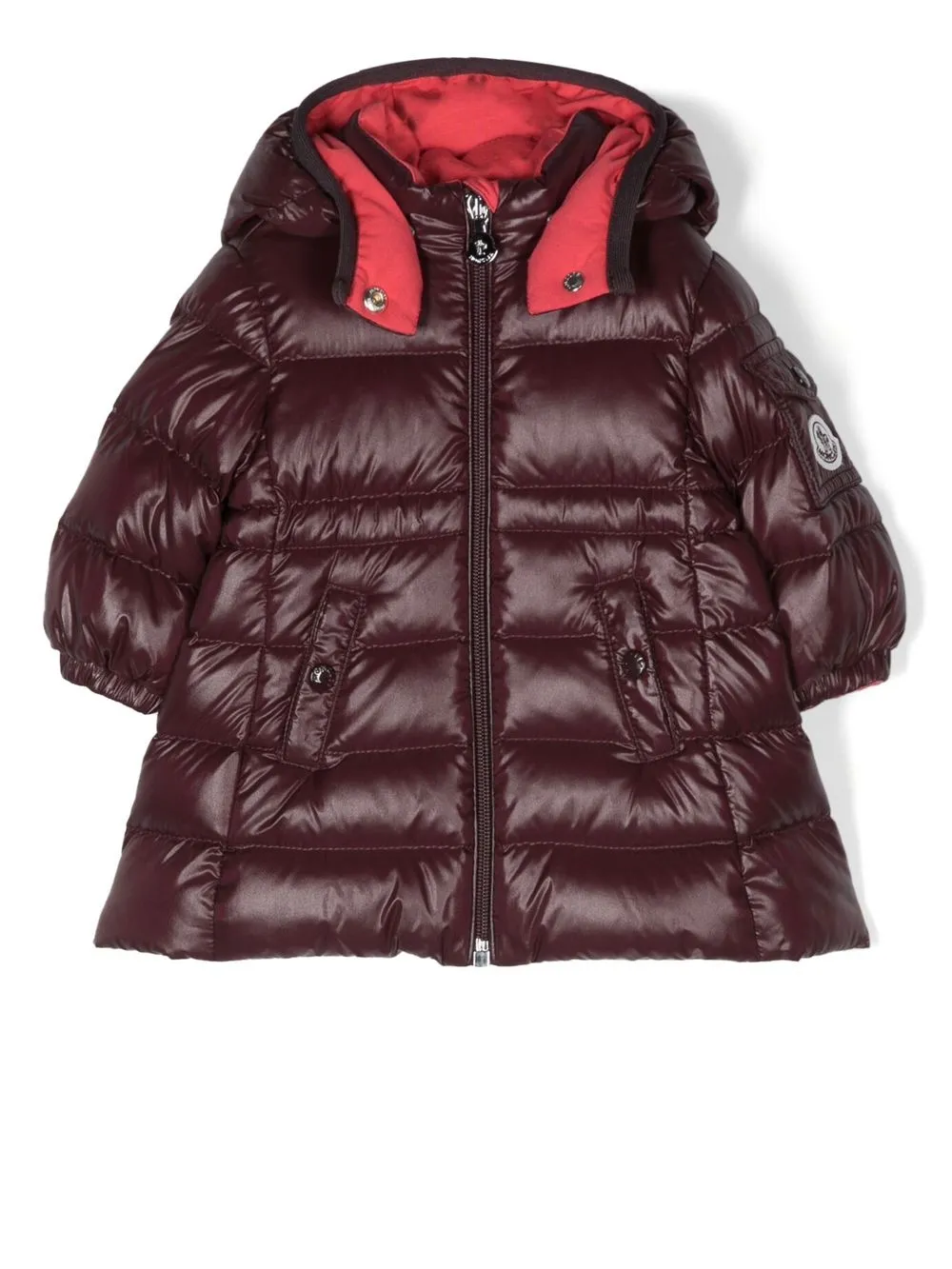 

Блестящий пуховик А-силуэта Moncler Enfant, красный