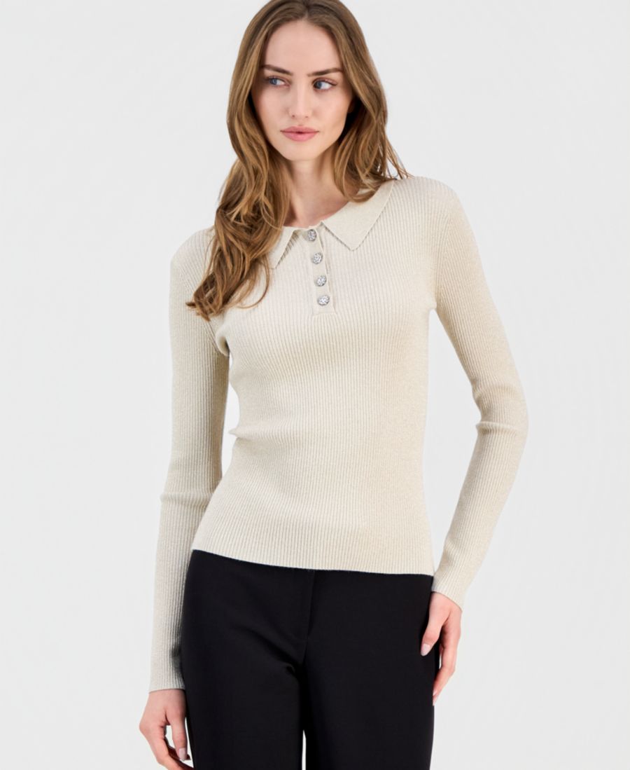 

Женская блузка с воротником, ребристой текстурой и металлическим блеском T Tahari, Gilded Sand / Gold Lurex