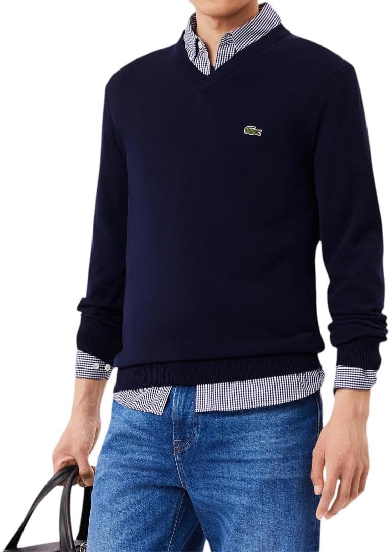 

Lacoste мужской свитер с длинным рукавом, прямой крой, V-образный вырез, из органического хлопка, Navy Blue