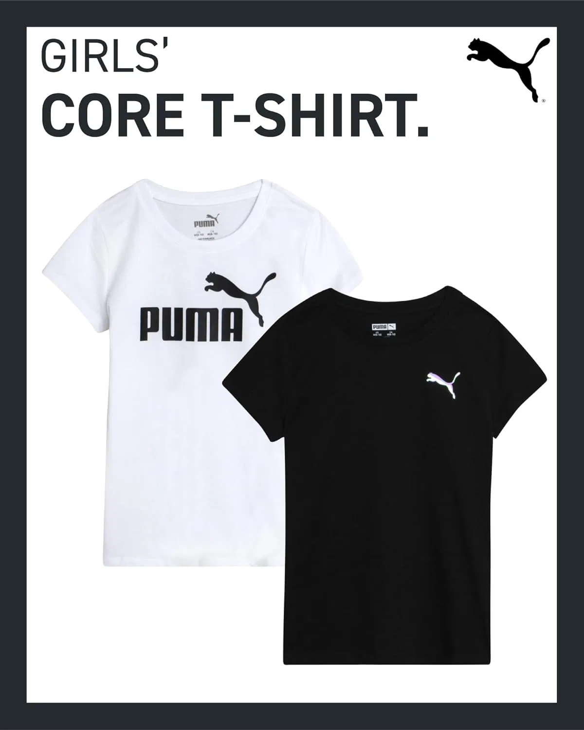 Футболки для девочек, 2 шт., PUMA, короткий рукав, логотип, белый/черный, S-XL — фото 3