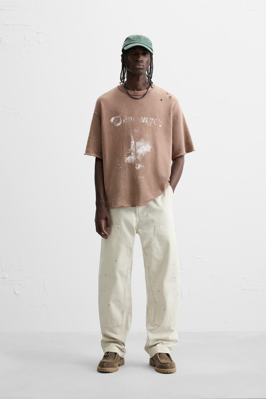 

Трикотажная футболка с контрастным принтом ZARA, цвет Brick