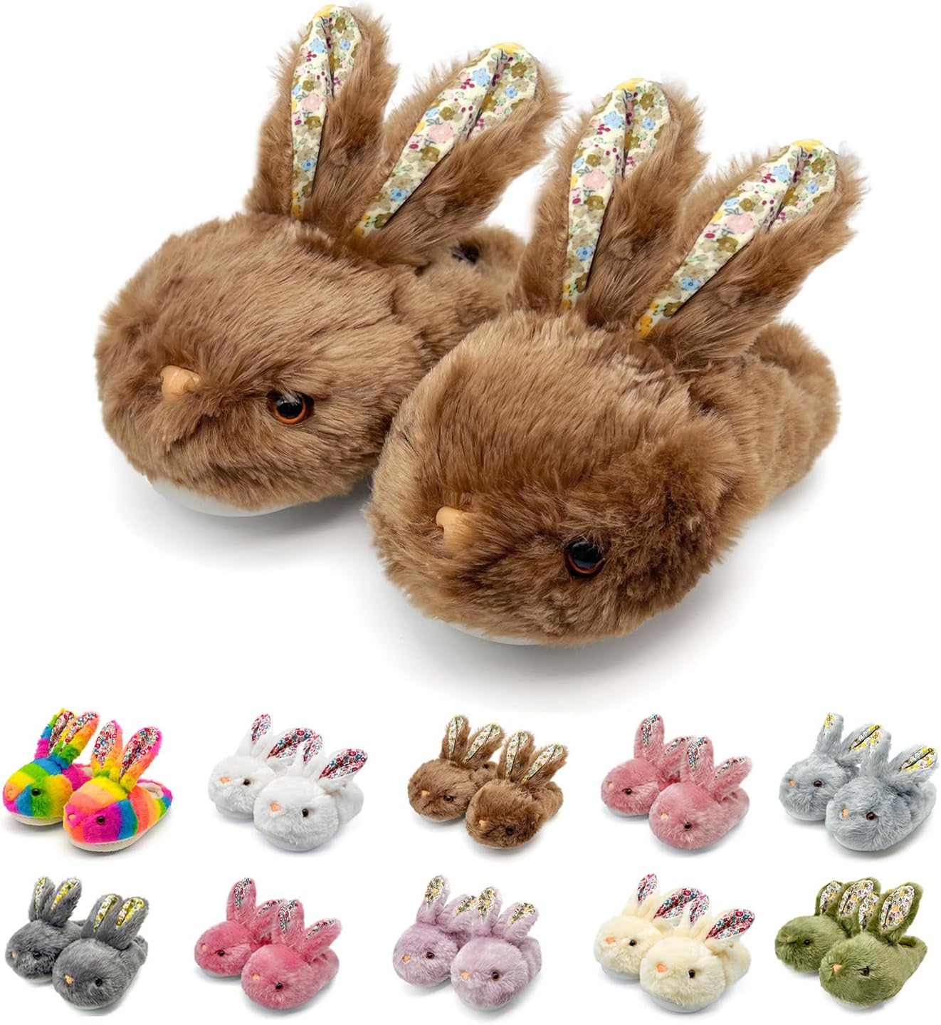 

Женские пушистые тапочки с ушками кролика и цветочным принтом, плюшевые тапочки-зайчики для дома, большие размеры, хлопковые, милые домашние зимние тапочки с нескользящей подошвой для мужчин, девушек и подростков Sutexle, коричневый
