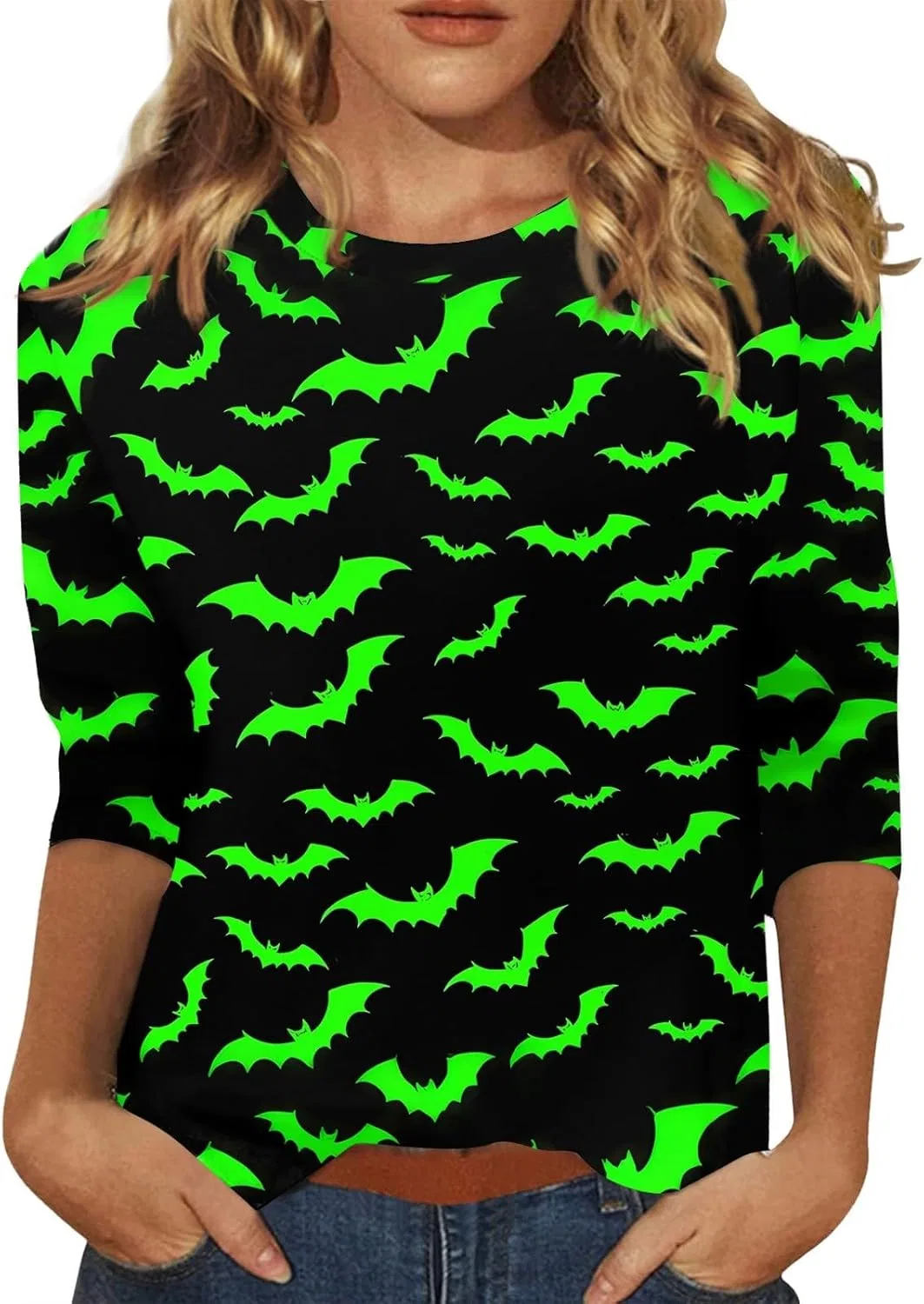 Футболка с принтом, Halloween, 3/4 рукава, свободный крой, 3-green