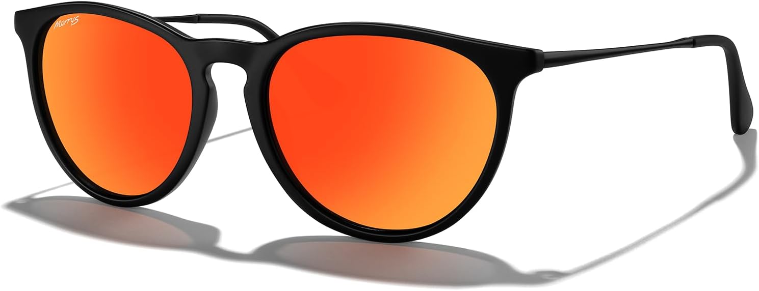 

Винтажные поляризованные солнцезащитные очки MERRY'S для женщин и мужчин, ретро-стиль, круглые зеркальные линзы, защита от ультрафиолета UV400, Matte Black Frame/Red Mirror Lens/Black Legs