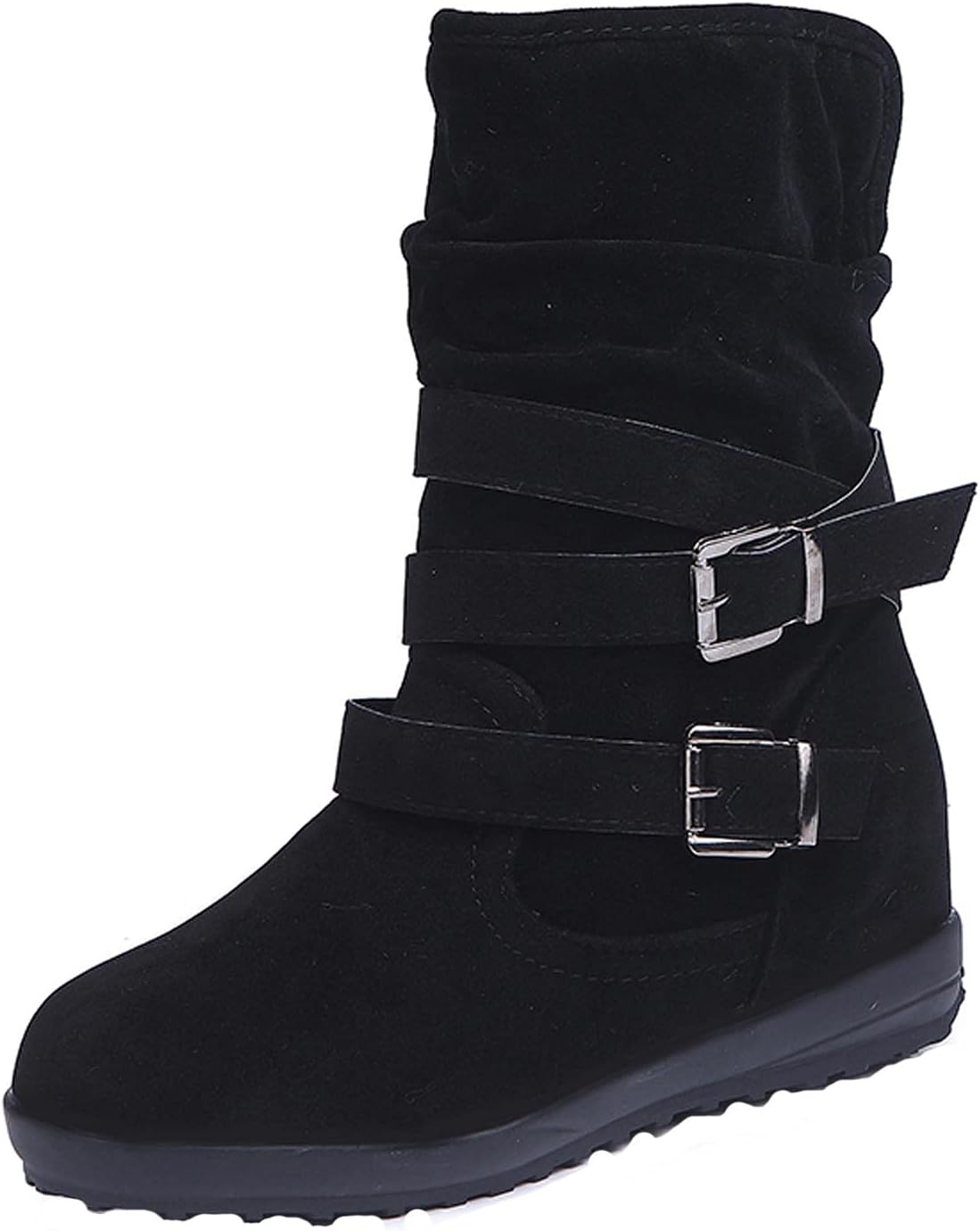 

Женские зимние ботинки Oiangi, мода, с двойной пряжкой, круглый носок, платформа, без застежки, средние по голенище, удобные замшевые ботинки на плоской подошве, нескользящие повседневные туфли, черный