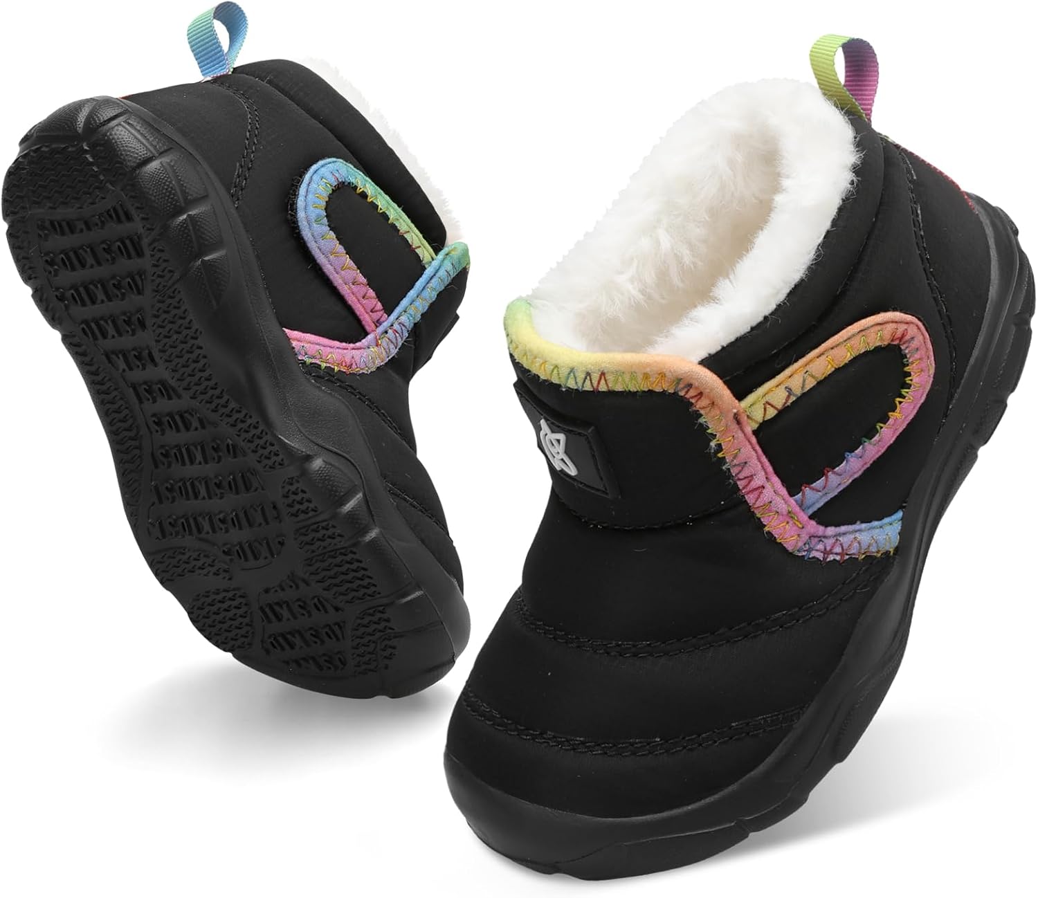 

Детские зимние теплые ботинки QFH для мальчиков и девочек, уютные флисовые снежные ботинки для малышей, нескользящие прогулочные ботинки, водоотталкивающие с искусственным мехом, Colorful Black