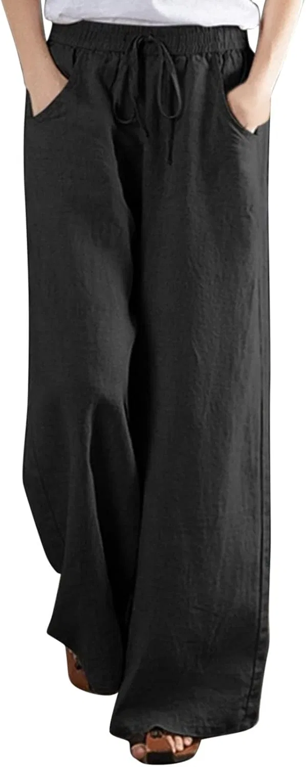 Простая льняная брюки Casual Solid из льна и хлопка повседневные женские штаны свободные хлопковые брюки Jean Women Generic, черный