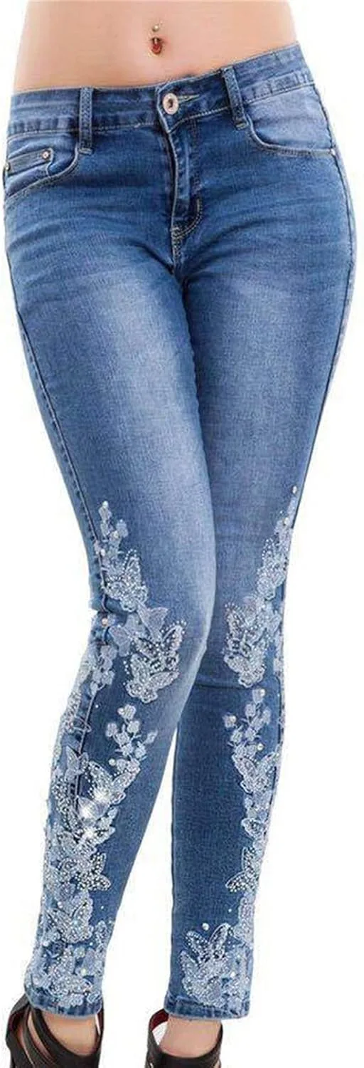 

Женские джинсы скинни с вышивкой, низкой посадкой и застежкой на пуговицах DGHM-JLMY