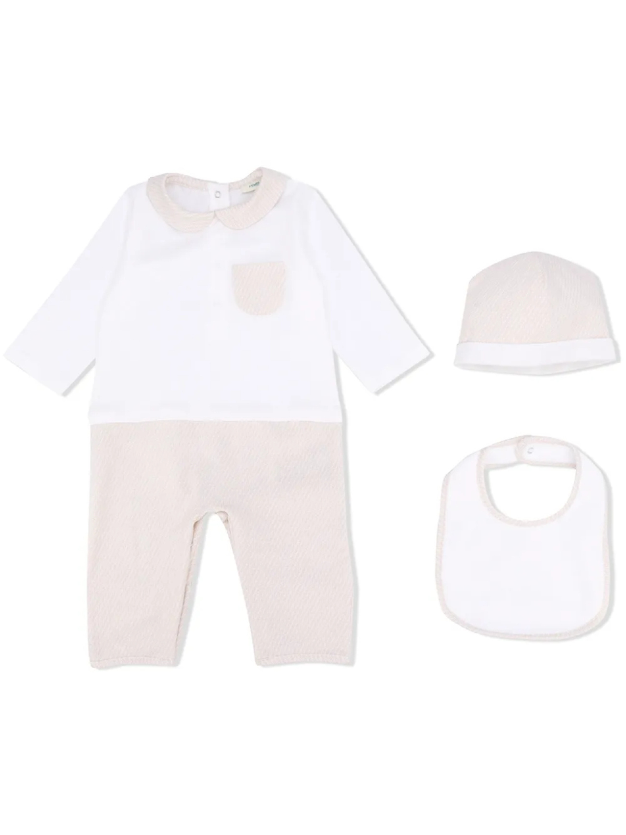

Комплект из комбинезона, шапки и нагрудника с логотипом FF Fendi Kids, белый