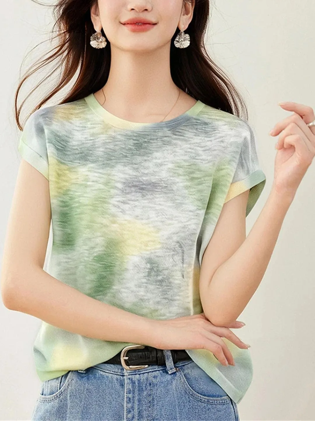 Женская футболка с круглым вырезом и коротким рукавом в стиле Korean Fashion Tie Dye — фото 3