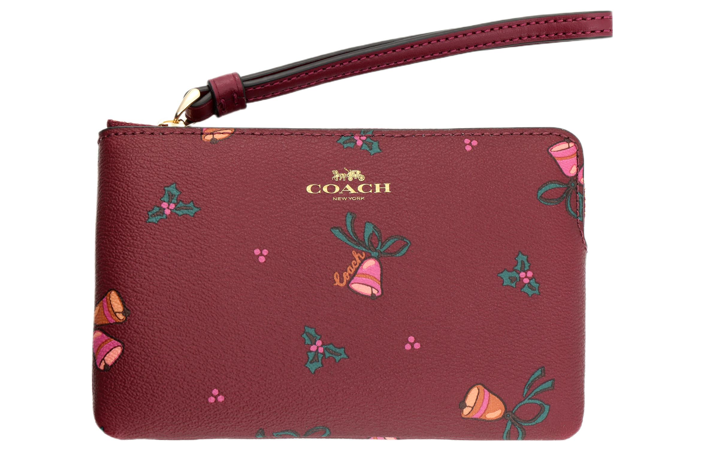 

COACH Угловая сумочка клатч на молнии из лакированного холста с кожаным ремешком на запястье малого размера женская вишнево-красная