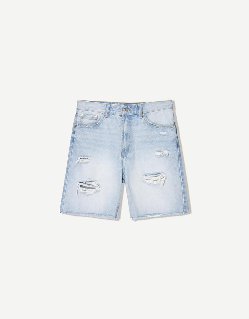 

Шорты-Бермуды из рваного денима Bershka, голубой