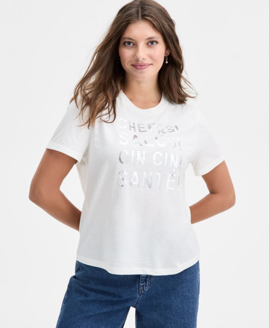 

Женская вязаная футболка с коротким рукавом и принтом "Cheers", эксклюзивно от Macy's On 34th, Winter Ivory, Бежевый, Женская вязаная футболка с коротким рукавом и принтом "Cheers", эксклюзивно от Macy's On 34th, Winter Ivory