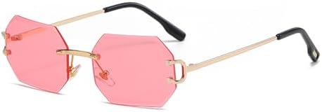 

Женские солнцезащитные очки без оправы, восьмиугольные, с защитой от УФ-излучения UV400, без оправы, золотистые металлические прямоугольные очки для мужчин MTZJH, Gold With Pink