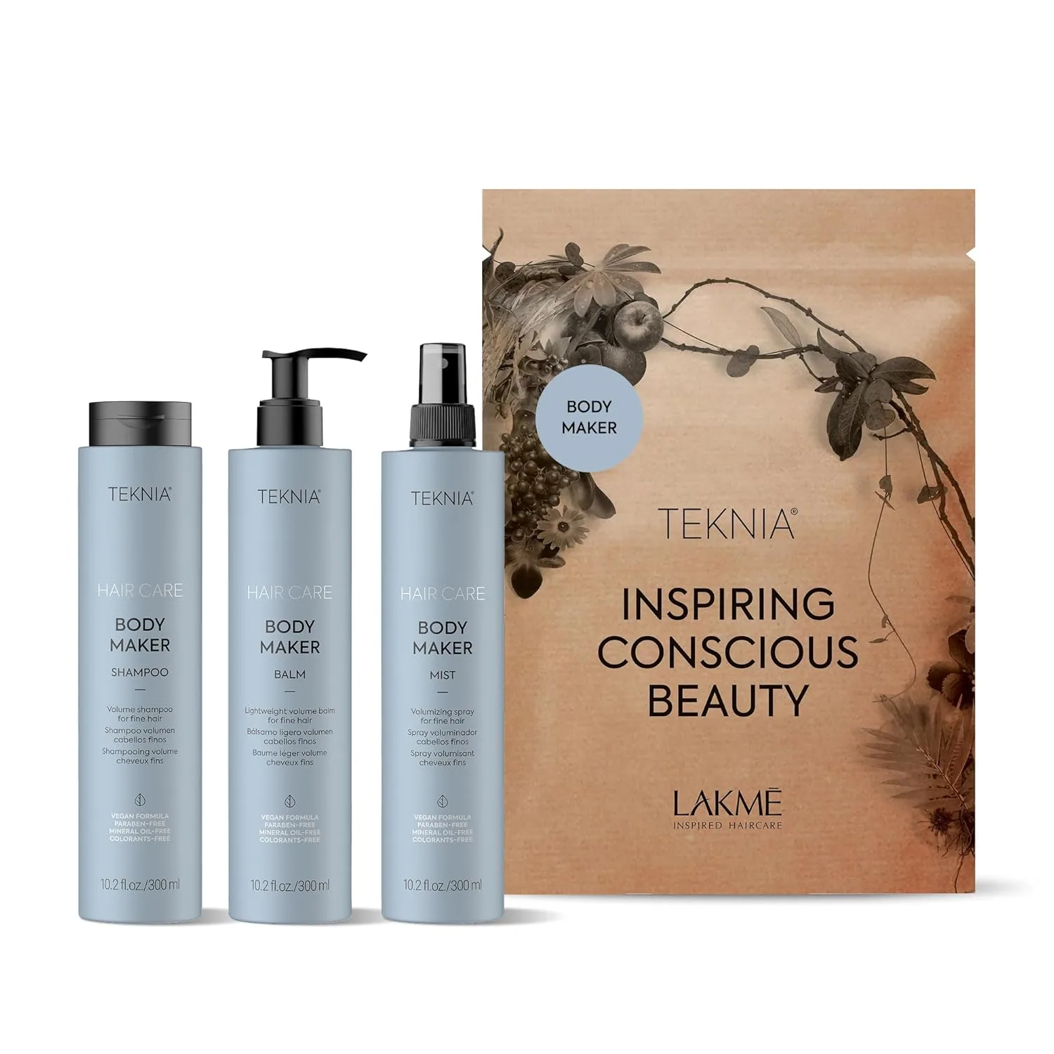 Набор Lakmé Teknia Body Maker для розничной продажи - полноразмерные версии шампуня, бальзама и спрея для тела Body Maker.
