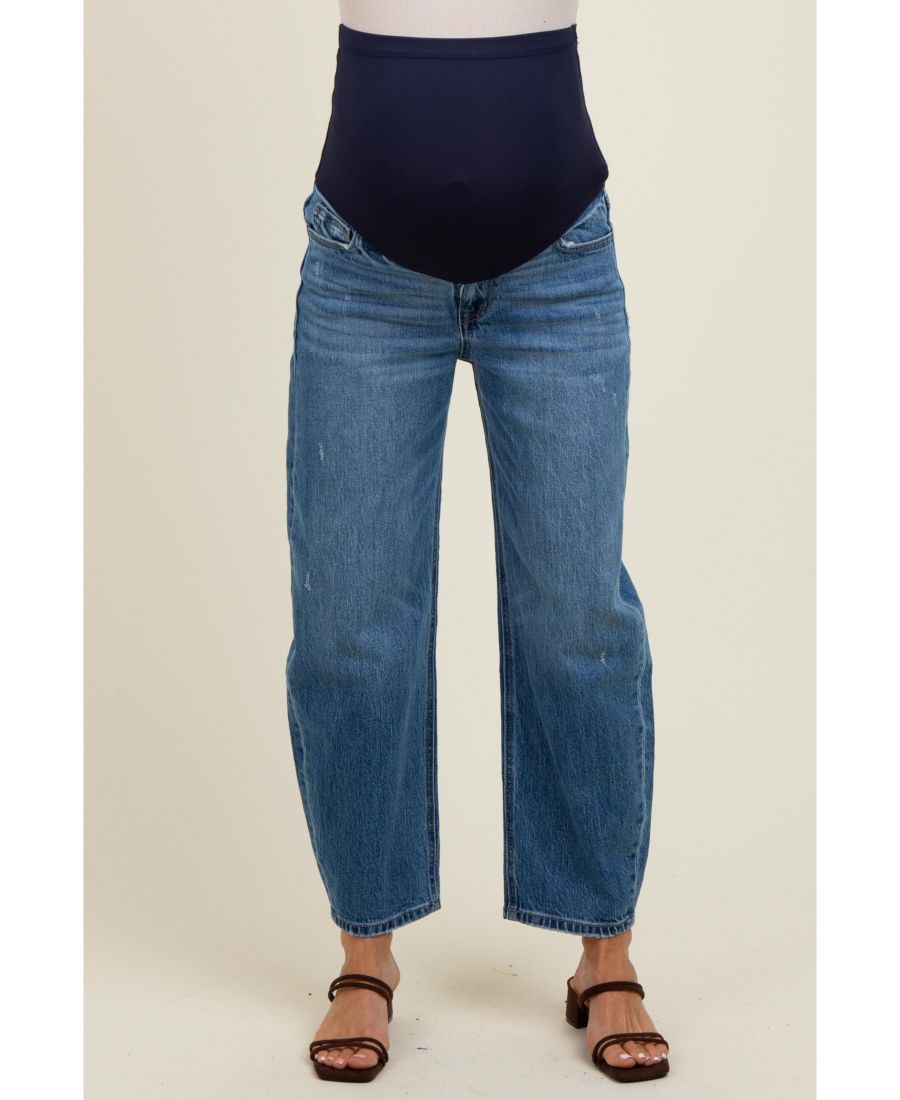 

Джинсы для беременных синего цвета с винтажной обработкой, прямые, до щиколотки Pinkblush, Blue