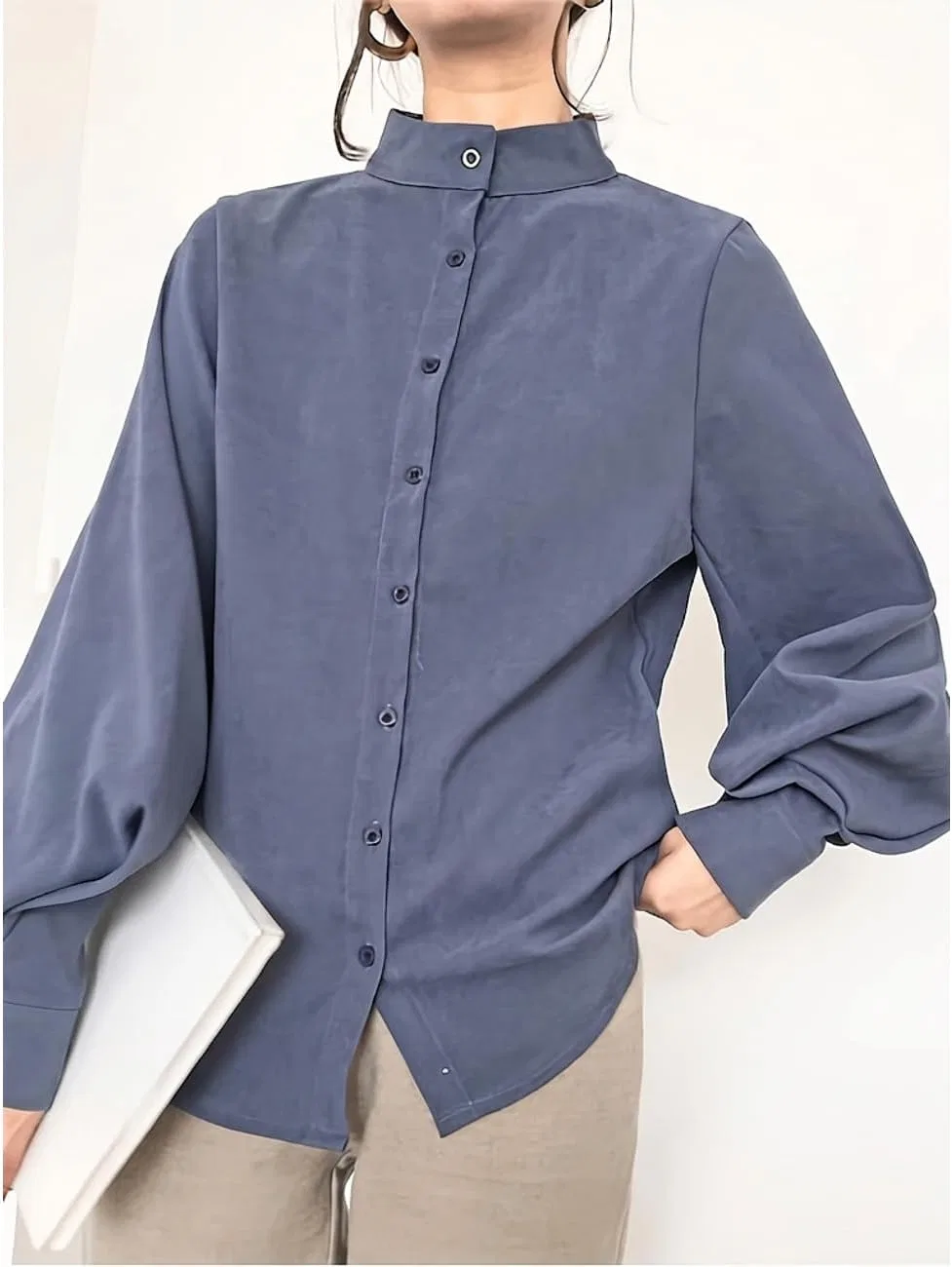 Блуза с объемными рукавами, stand collar, из коллекции, синий — фото 2