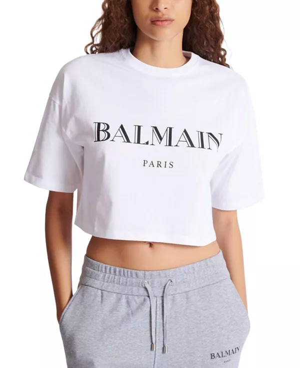Укороченная футболка свободного кроя с принтом Balmain. Balmain, белый — фото 4