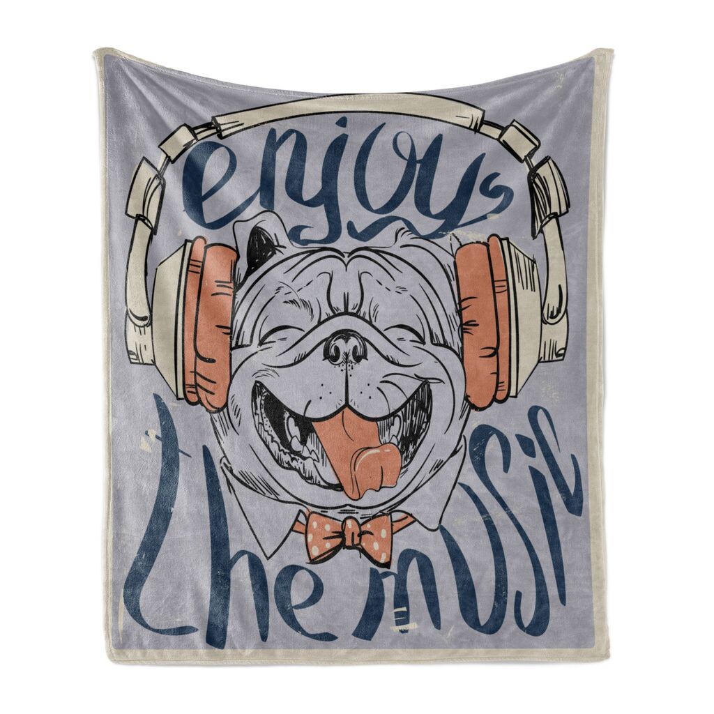 

ABAKUHAUS Enjoy the Music Мягкое фланелевое флисовое одеяло, необычная типография и портрет собаки, 175 x 230 см, серо-желтый потолок синий, серый