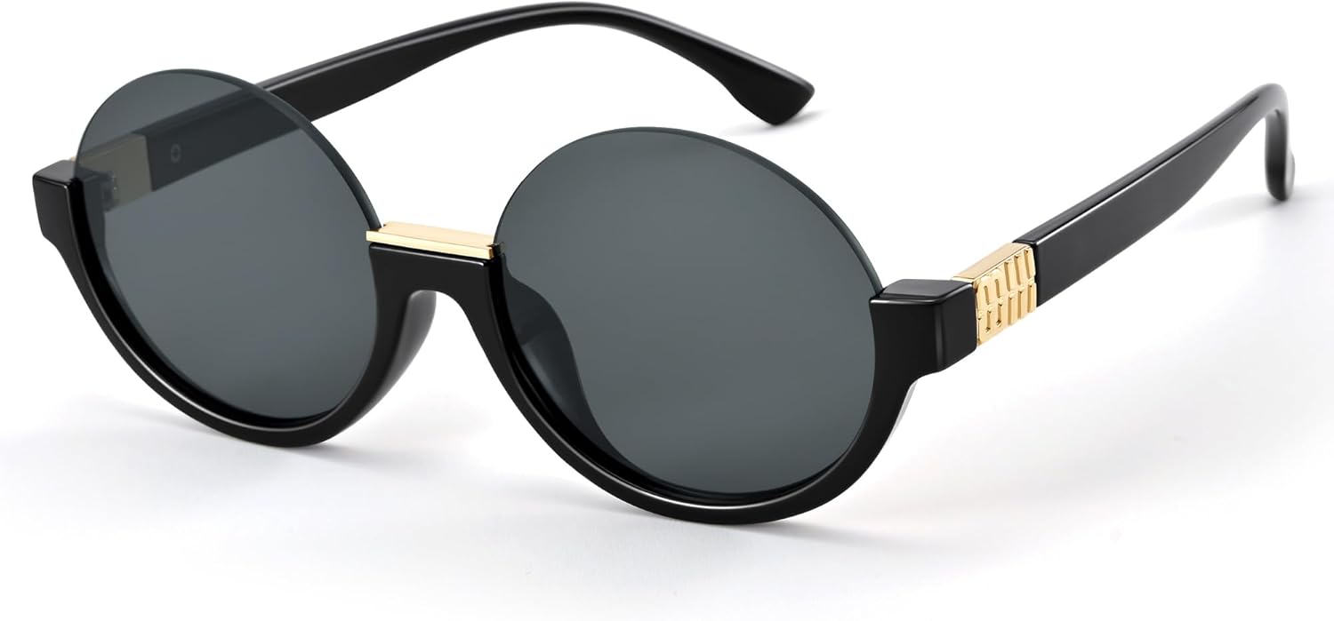 

Легкие круглые солнцезащитные очки без оправы, полуободковые, для женщин и мужчин, в стиле ретро, ​​винтажные, с защитой от УФ-излучения, для повседневной носки и отдыха на природе Revemo, A01 Black+ Grey Lenses