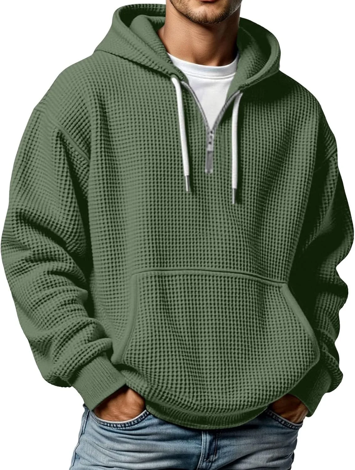 

Толстовка с капюшоном и молнией на 1/4, waffle knit, с длинными рукавами