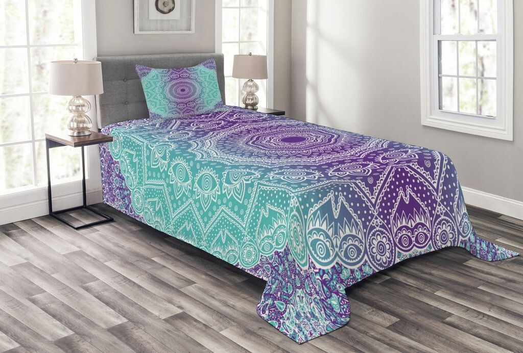 

ABAKUHAUS Комплект покрывала Mandala, изысканный хиппи, комплект со моющимися наволочками, для односпальных кроватей 170 x 220 см, цвет морской волны