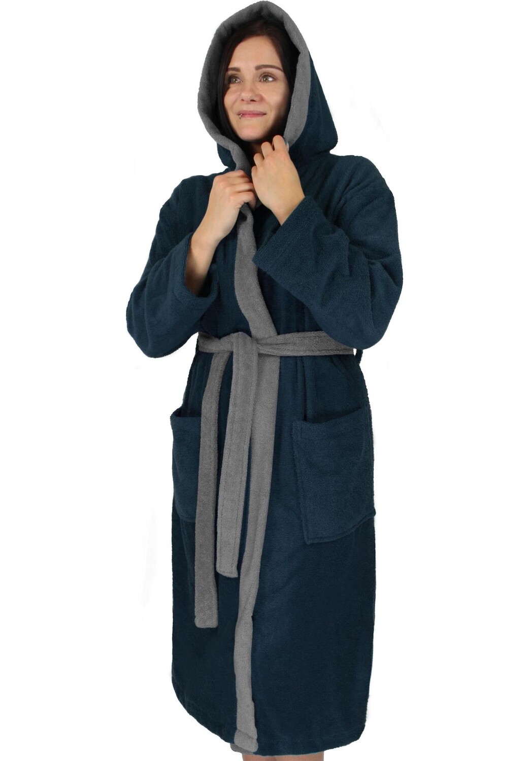 

Халат женский хлопковый с махровой тканью, двухцветный - OEKO-TEX 100 normani, цвет Marine Grau