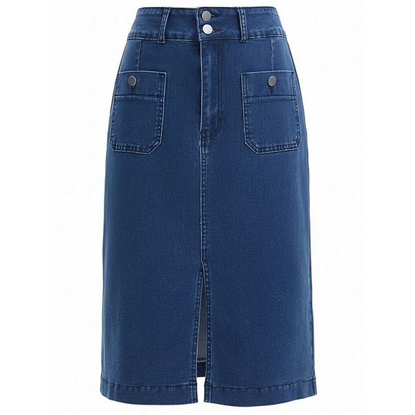 

Женская джинсовая юбка с высокой талией, карманами спереди и эластичной тканью, длина ниже колена Inspire Chic, Light Blue