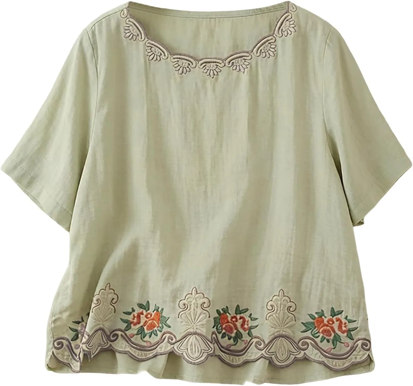 Блуза, с цветочным принтом, Womens linen Shirts, светло-зеленый