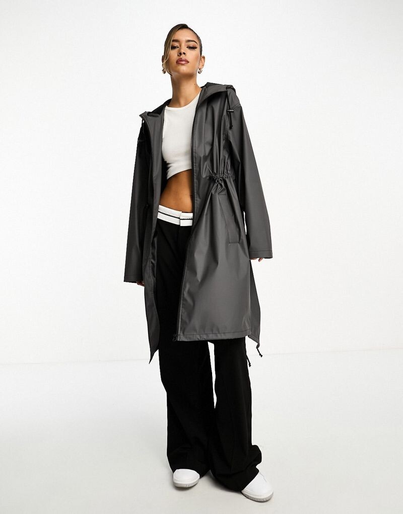 

ASOS DESIGN – графитовый прорезиненный плащ миди с заниженным краем