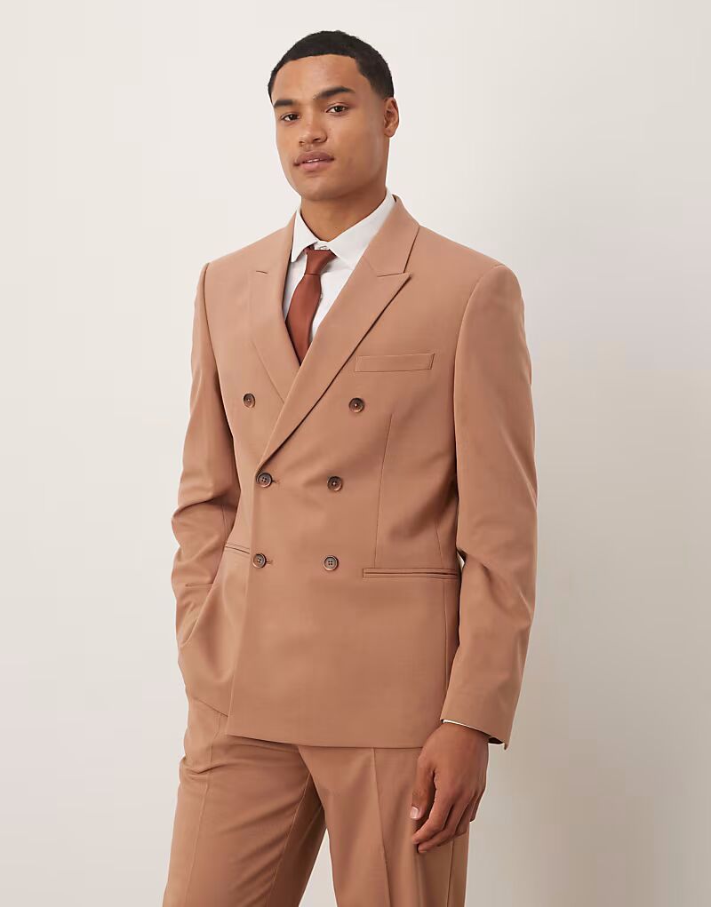 

Двубортный приталенный пиджак коричневого цвета Asos Design