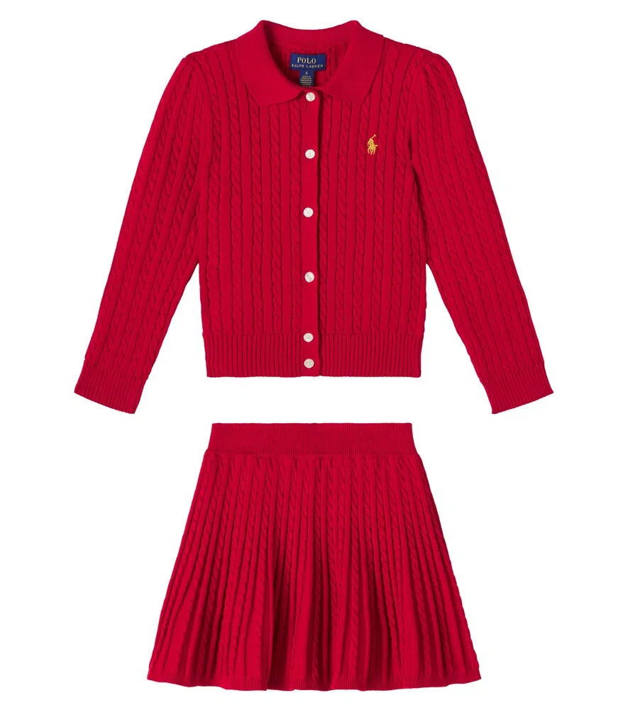 Комплект из хлопкового кардигана и юбки крупной вязки Polo Ralph Lauren Kids, красный