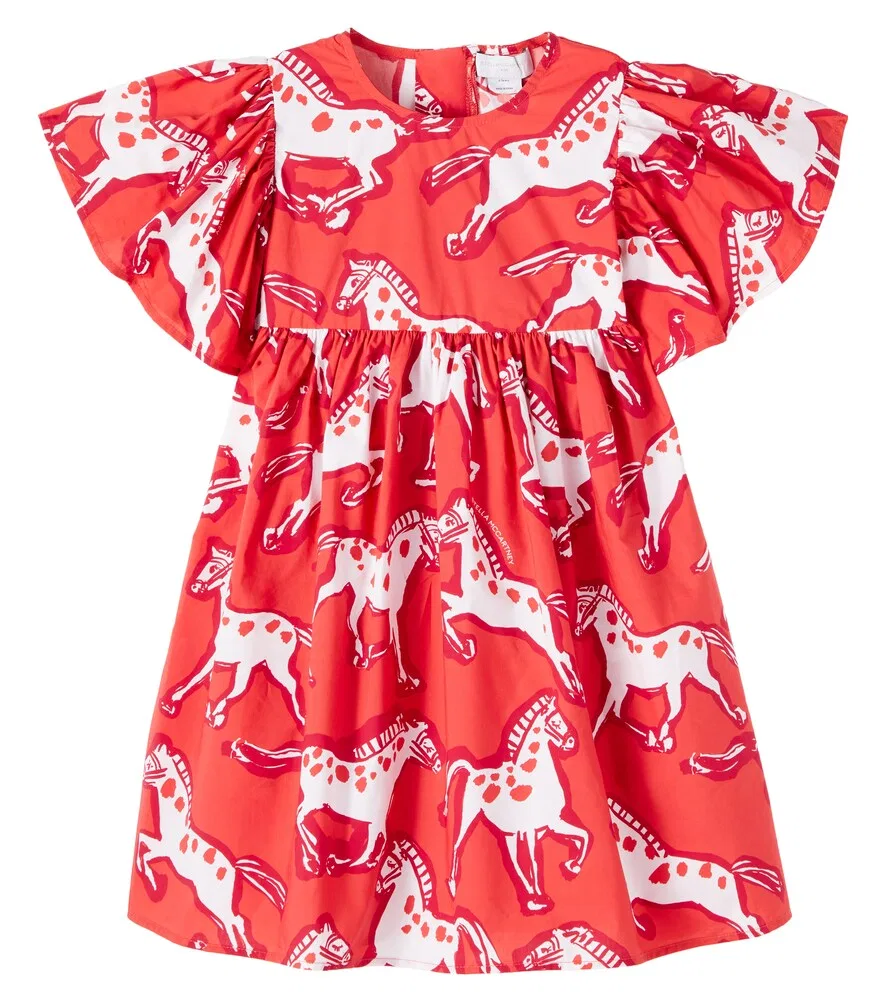 Платье из хлопкового поплина с принтом в виде лошадей Stella McCartney Kids, красный