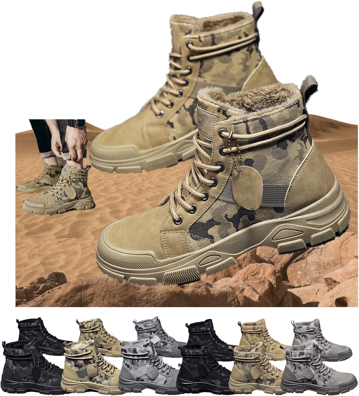 

Тактические высокие ботинки с камуфляжным рисунком для мужчин - Осенне-зимние высокие мужские кроссовки из канвы для походов на открытом воздухе, с утолщенным каблуком для повседневной работы и прогулок Generic, хаки