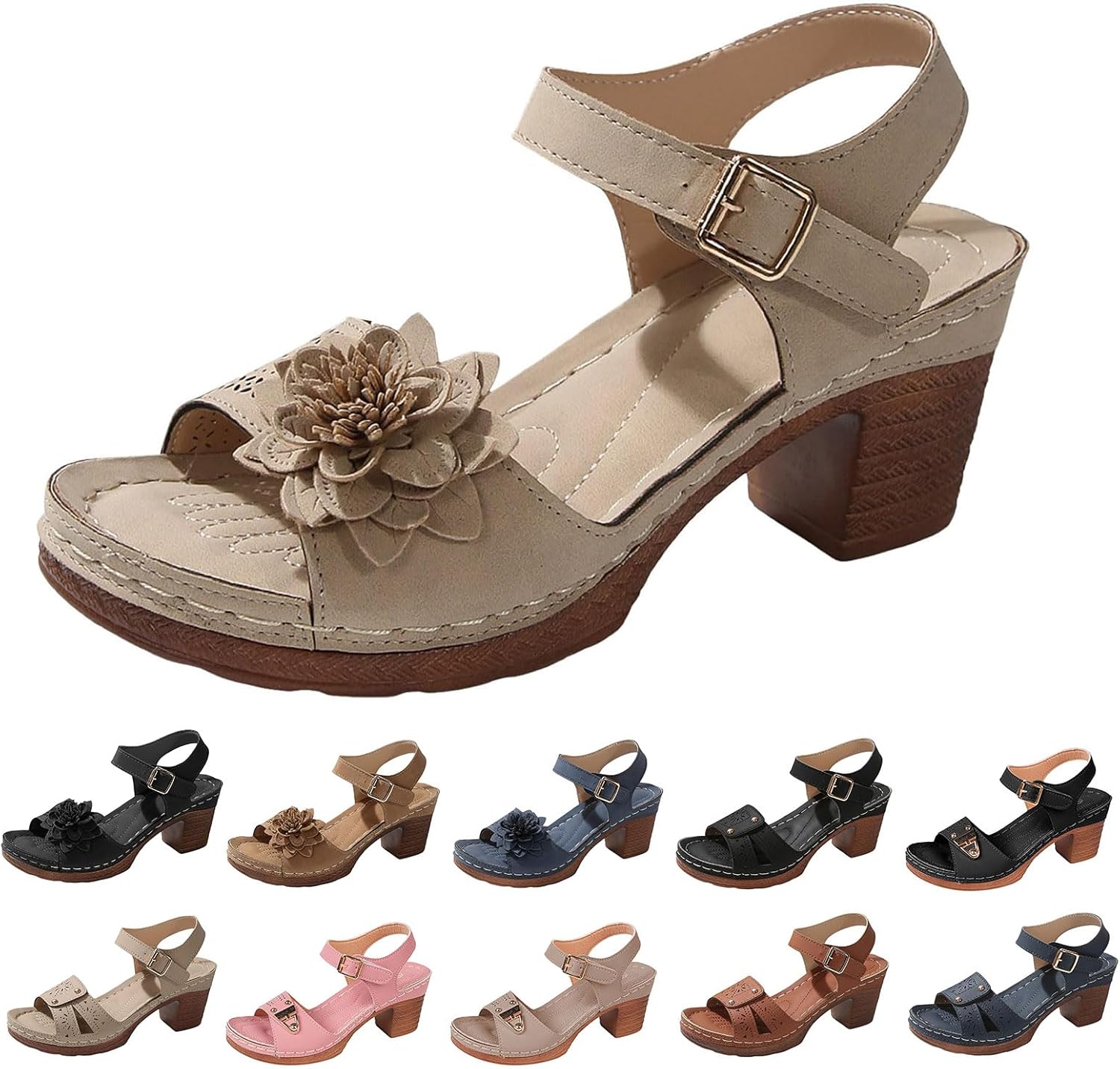 

Женские массивные сандалии с элегантной низкой танкеткой, удобная платформа, летние повседневные туфли с поддержкой свода стопы, сандалии на ремешке вокруг щиколотки, с вырезами, открытый носок, дышащая обувь Generic, бежевый