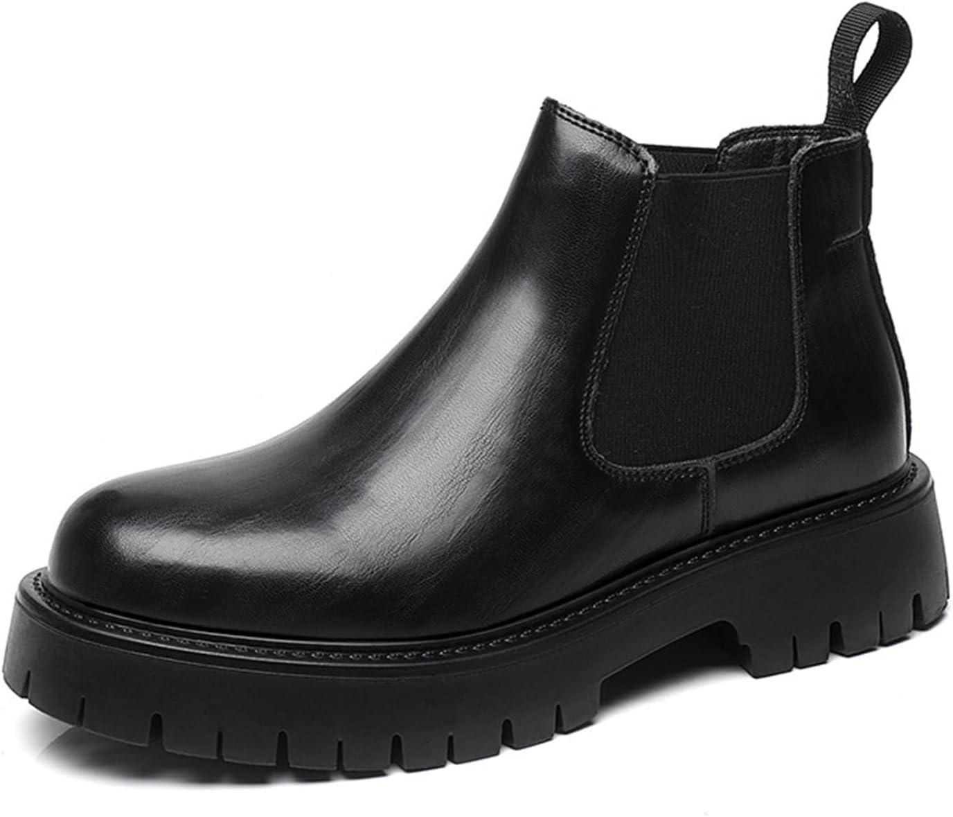 

Мужские кожаные челси на платформе с рифленой подошвой, люксовые, с круглым носком, подошва с протектором, без шнурков, для улицы, амортизирующие, ботинки на щиколотку Generic, черный