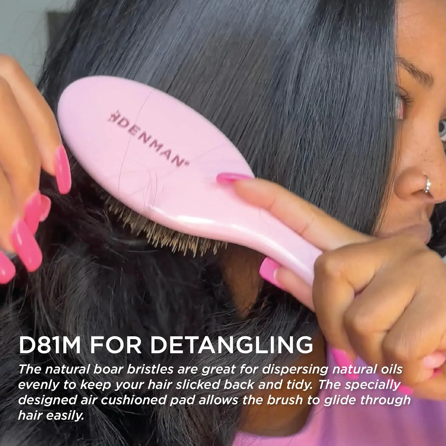 Denman Boar Bristle Hair Brush - щетка для волос с натуральной щетиной для сглаживания, блеска и укладки slick back, определения локонов и распутывания, для всех типов волос, женщин и мужчин D81M, Pink Crush — фото 3