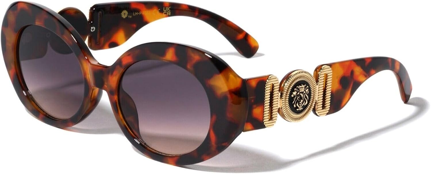 

Женские солнцезащитные очки Dweebzilla круглой овальной формы с золотым медальоном в виде головы льва и «глаза насекомого», Tortoise & Gold Frame - Brown Gradient Lenses