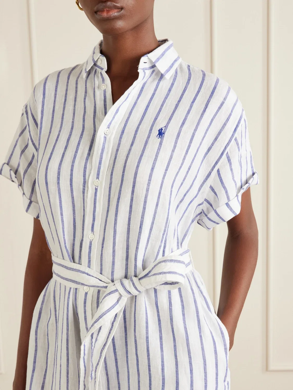 Полосатое льняное платье миди с поясом POLO RALPH LAUREN, синий — фото 4