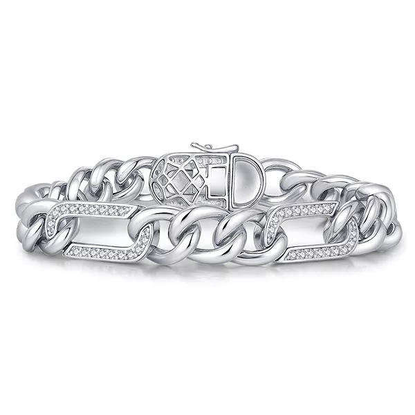 

Мужской браслет-цепочка панцирного плетения из стерлингового серебра с покрытием из белого золота и инкрустированными кубическими циркониями Genevive, silver