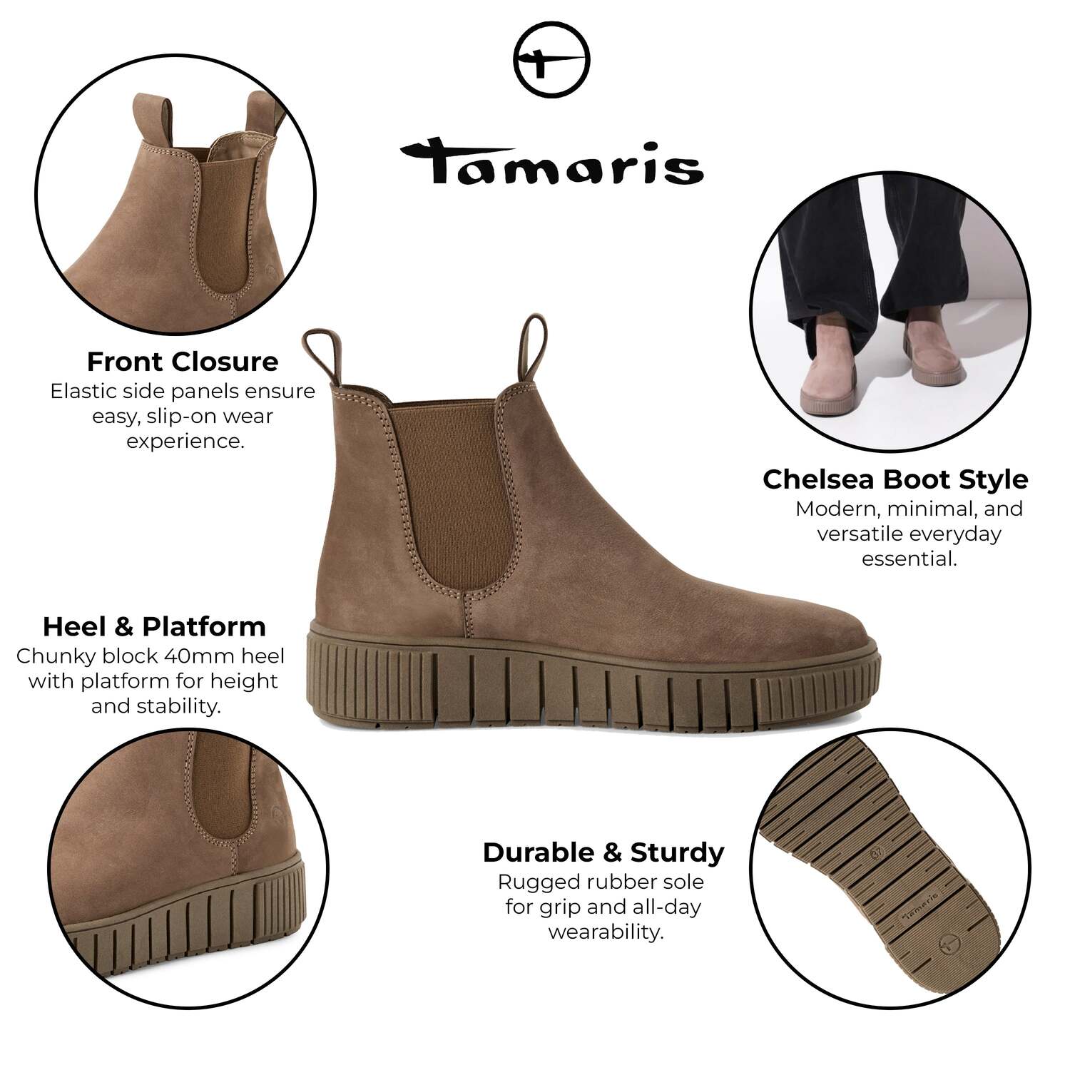 Женские ботильоны челси из серо-коричневой кожи Tamaris TMRS — фото 2