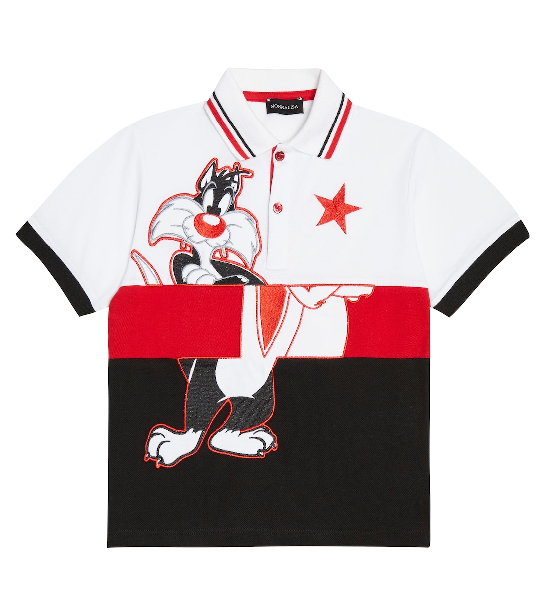 

Рубашка-поло из хлопкового пике в полоску с вышивкой Monnalisa, Bianco+Nero