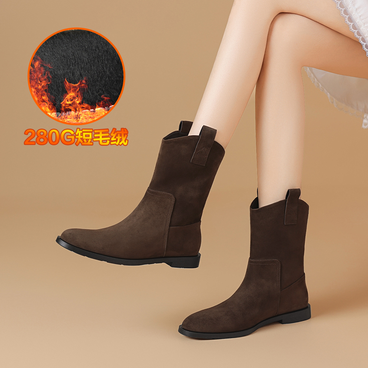 BOERDIQI Женские замшевые ботинки на 2 см с меховой подкладкой коричневые, цвет Brown Fleece-Lined — фото 3