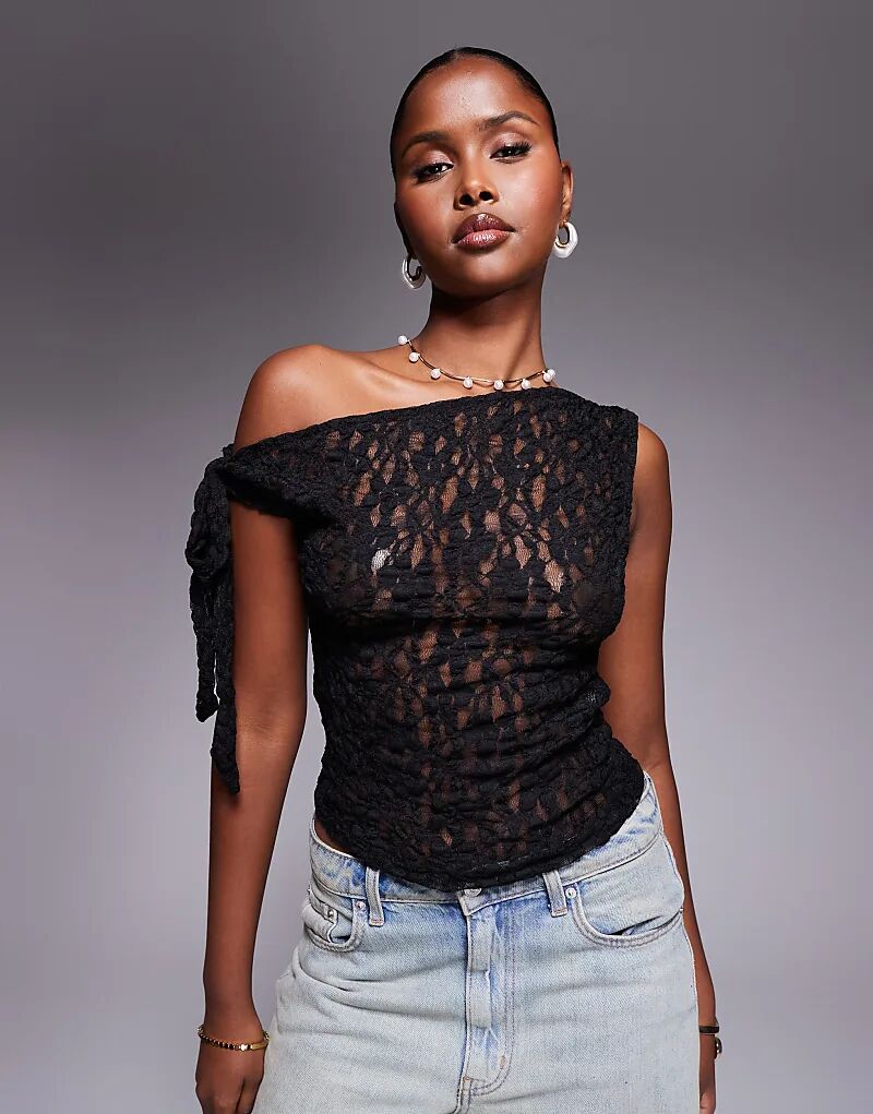 

Прозрачный топ с завязками на плечах и кружевом ASOS DESIGN, черный