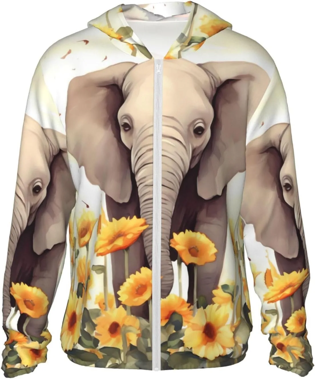 

UPF 50+ легкая куртка на молнии с капюшоном для защиты от солнца, с длинным рукавом, Elephant and Sunflower LHBWCVN