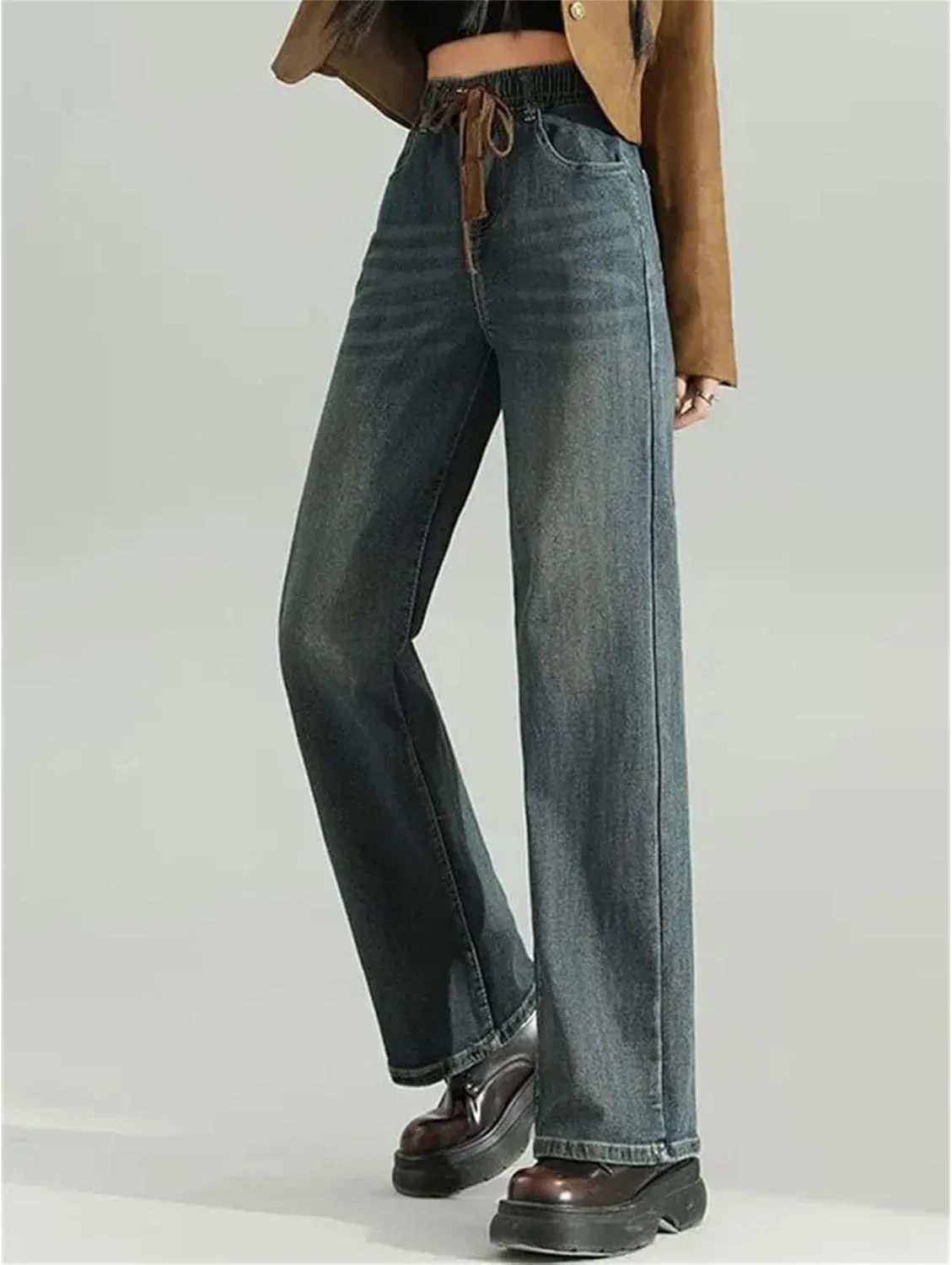 Женские винтажные мешковатые утепленные прямые джинсы Korean Elastic High Waist с флисовой подкладкой зимние теплые Vaqueros Generic, синий — фото 3